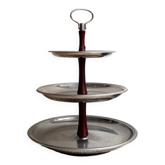 3-tier rotating dessert tray by Alessi Fratelli mod. Alfra Stainless Steel and Rosewood 1970