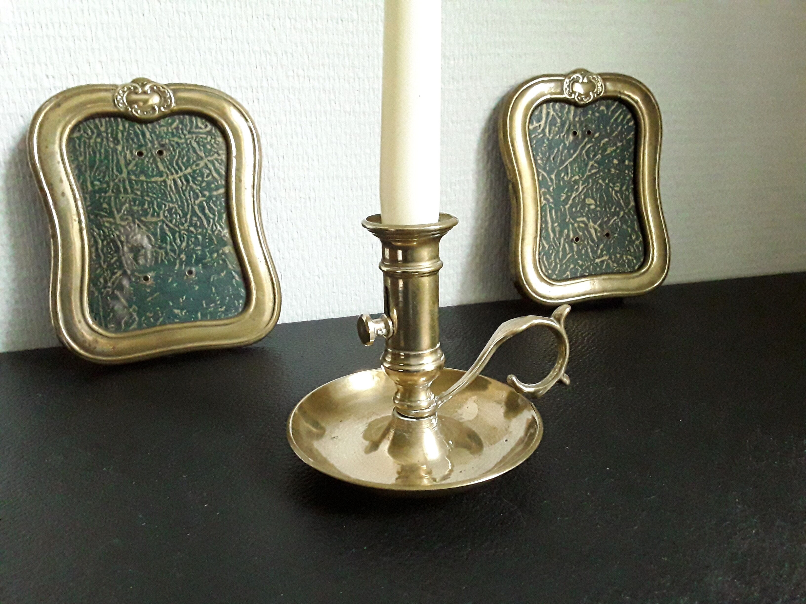 Candle holder with vintage brass handle