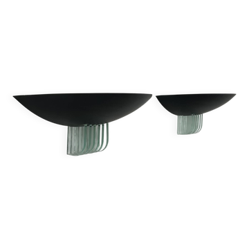 Pair of vintage post-modernist wall lights, black metal and glass, France 1980
