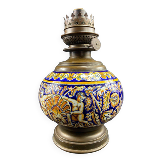 Gien earthenware oil lamp 19th century Italian Renaissance decor with putti