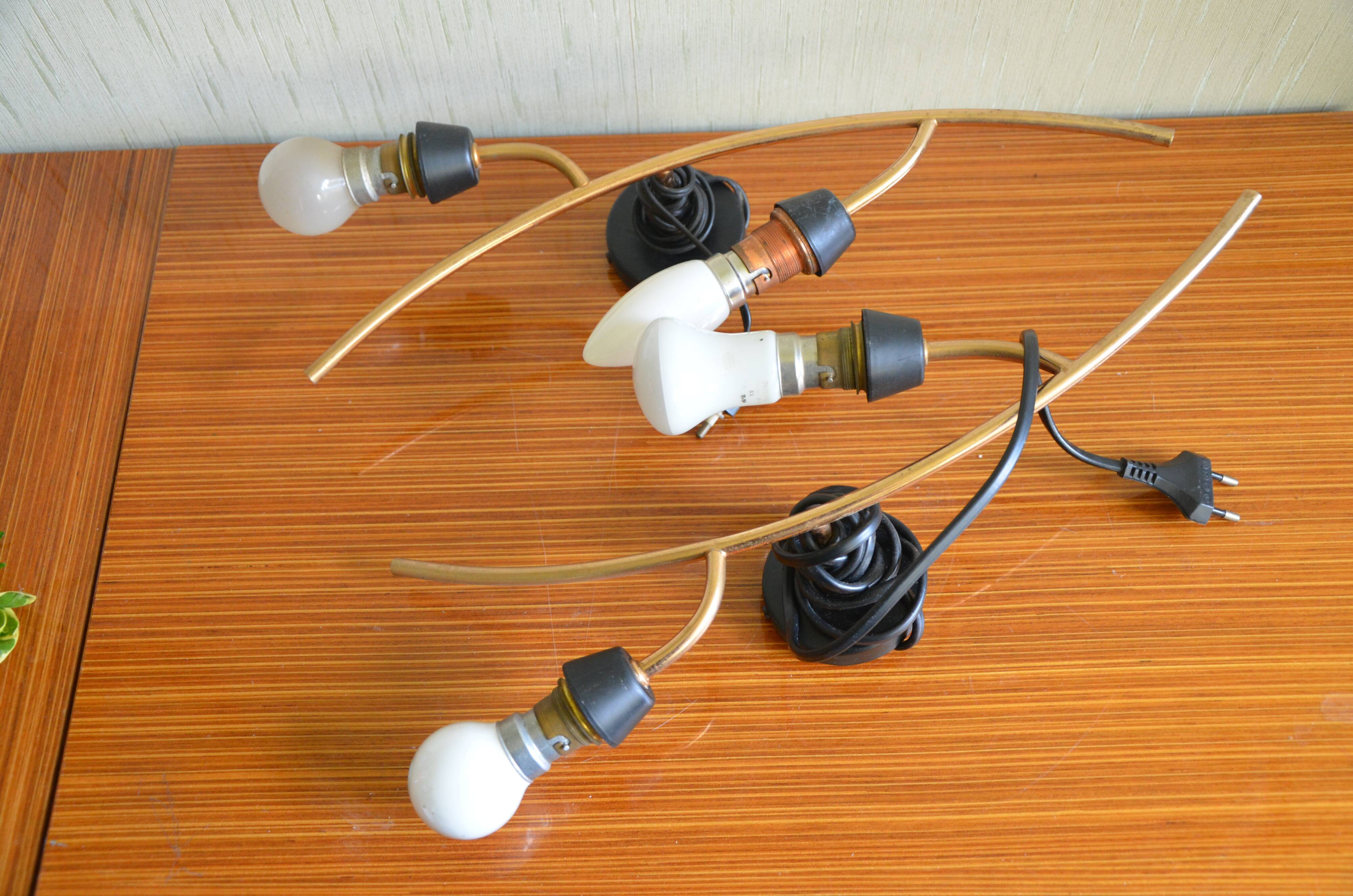 Pair of stylized 2-branch brass wall lights