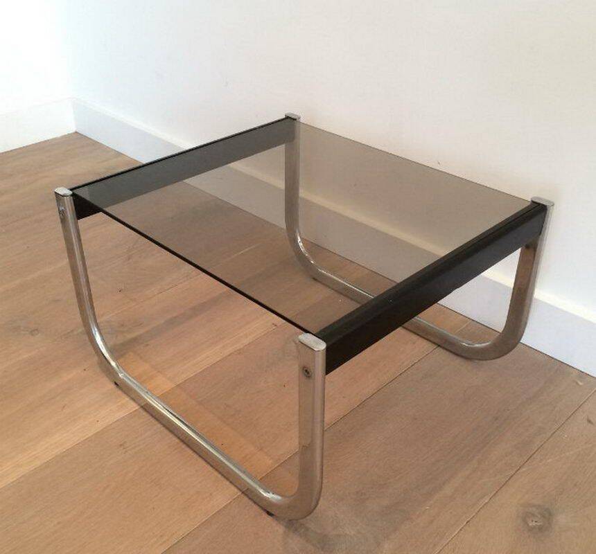 Pair of side tables in chrome, blackened wood and glass
