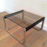 Pair of side tables in chrome, blackened wood and glass