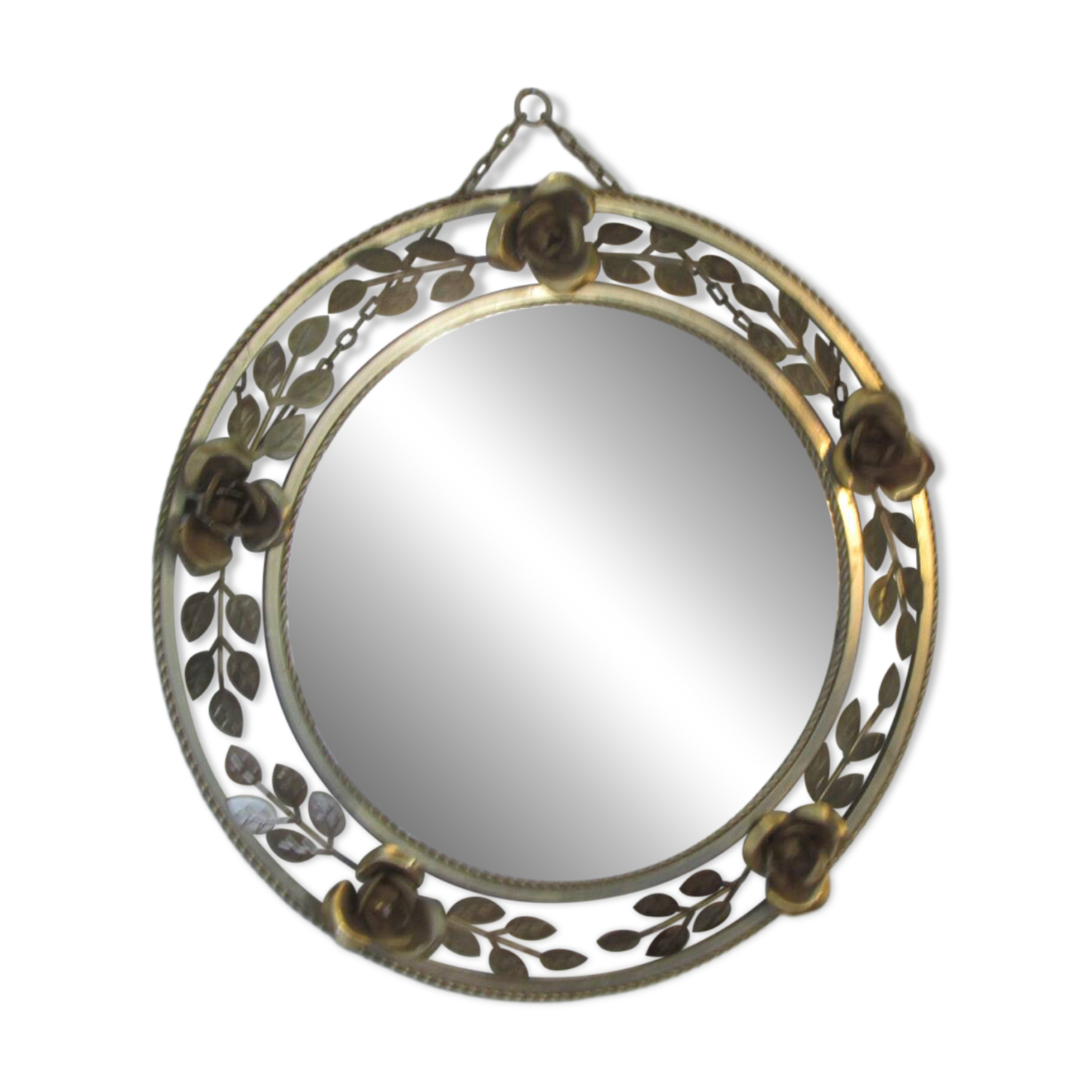 Round gold metal mirror, rose crown