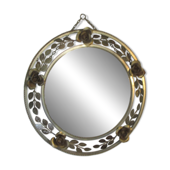 Round gold metal mirror, rose crown