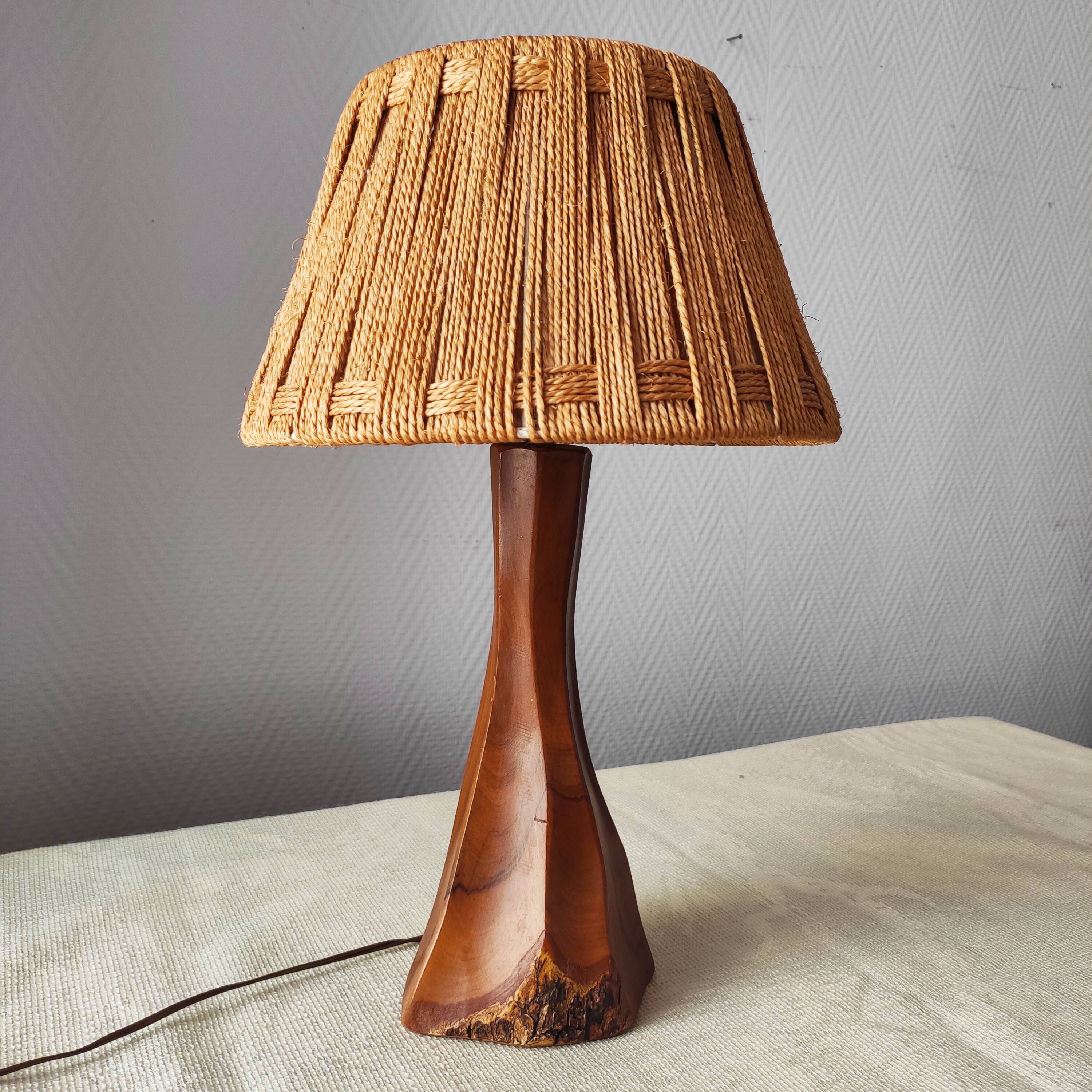 Vintage brutalist lamp from the 60s-70s made of wood and rope.