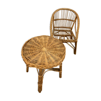 Vintage children's wicker armchair and table