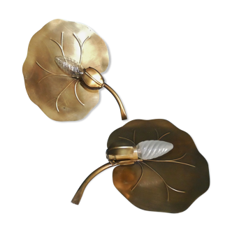 House florart pair wall lamps leaves nenuphar brass circa 1960