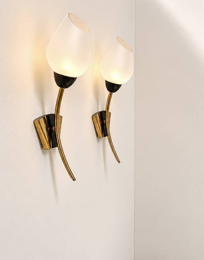 Pair of vintage wall lights, brass and opaline, France, 1960.