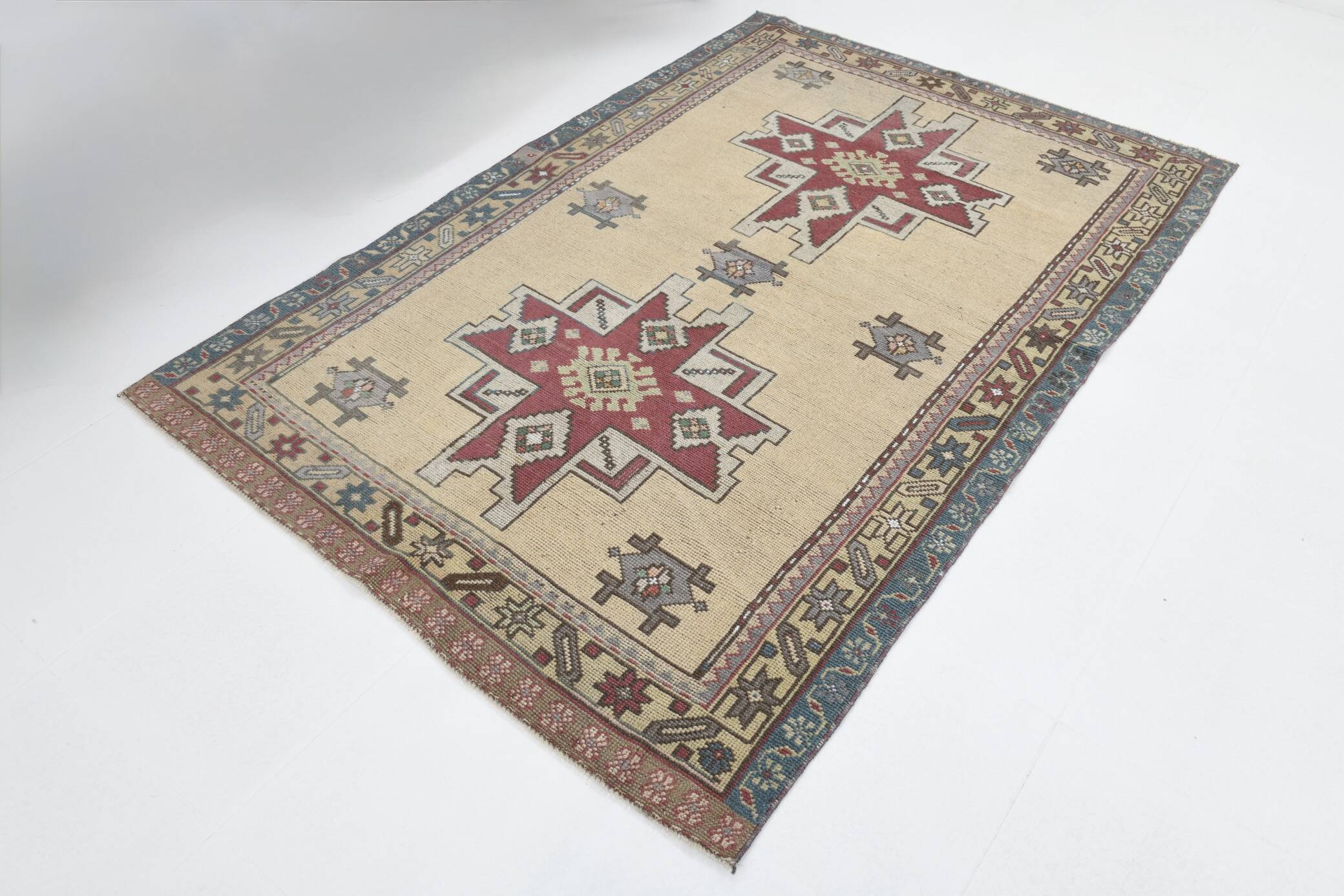 Persian Burgundy & Sand Beige Oriental Vintage Rug, 140x211Cm