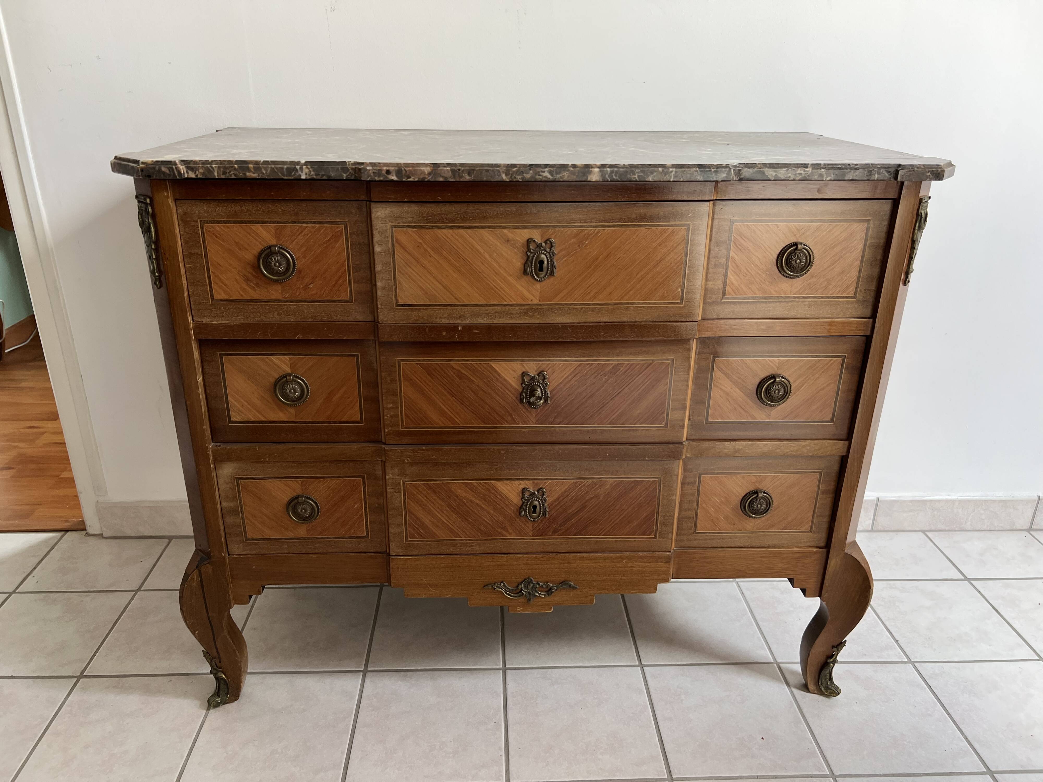 Louis XVI chest of drawers in marquetry with marble top