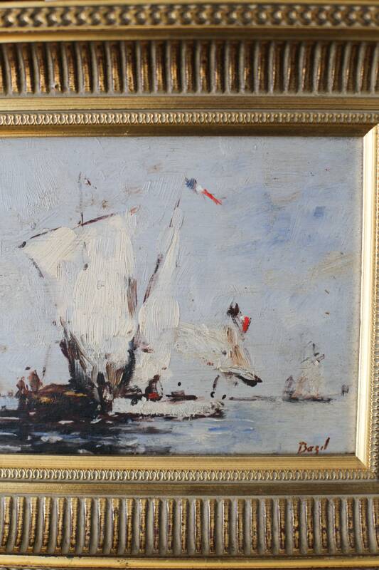 Bazil (20th century) oil on panel 'French boats setting out to sea'