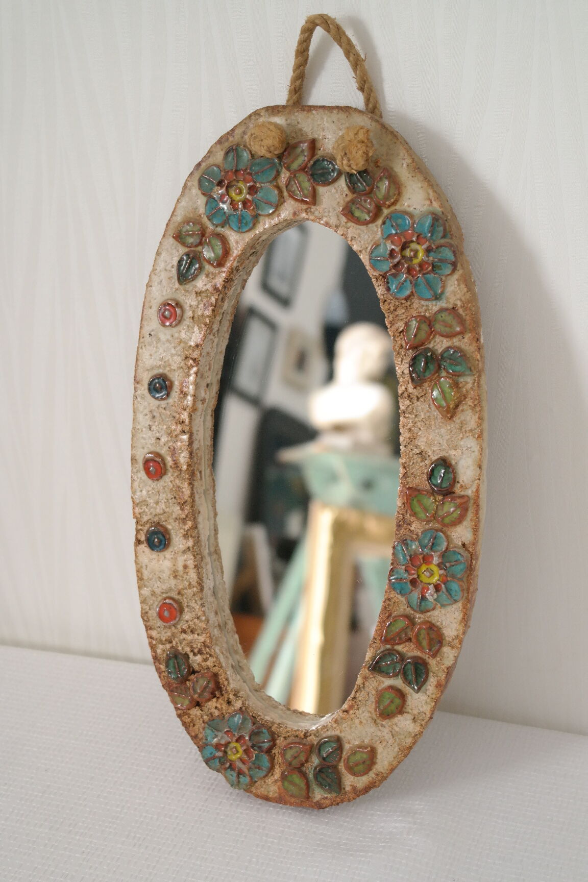 Vallauris ceramic mirror decorated with flowers, circa 1960