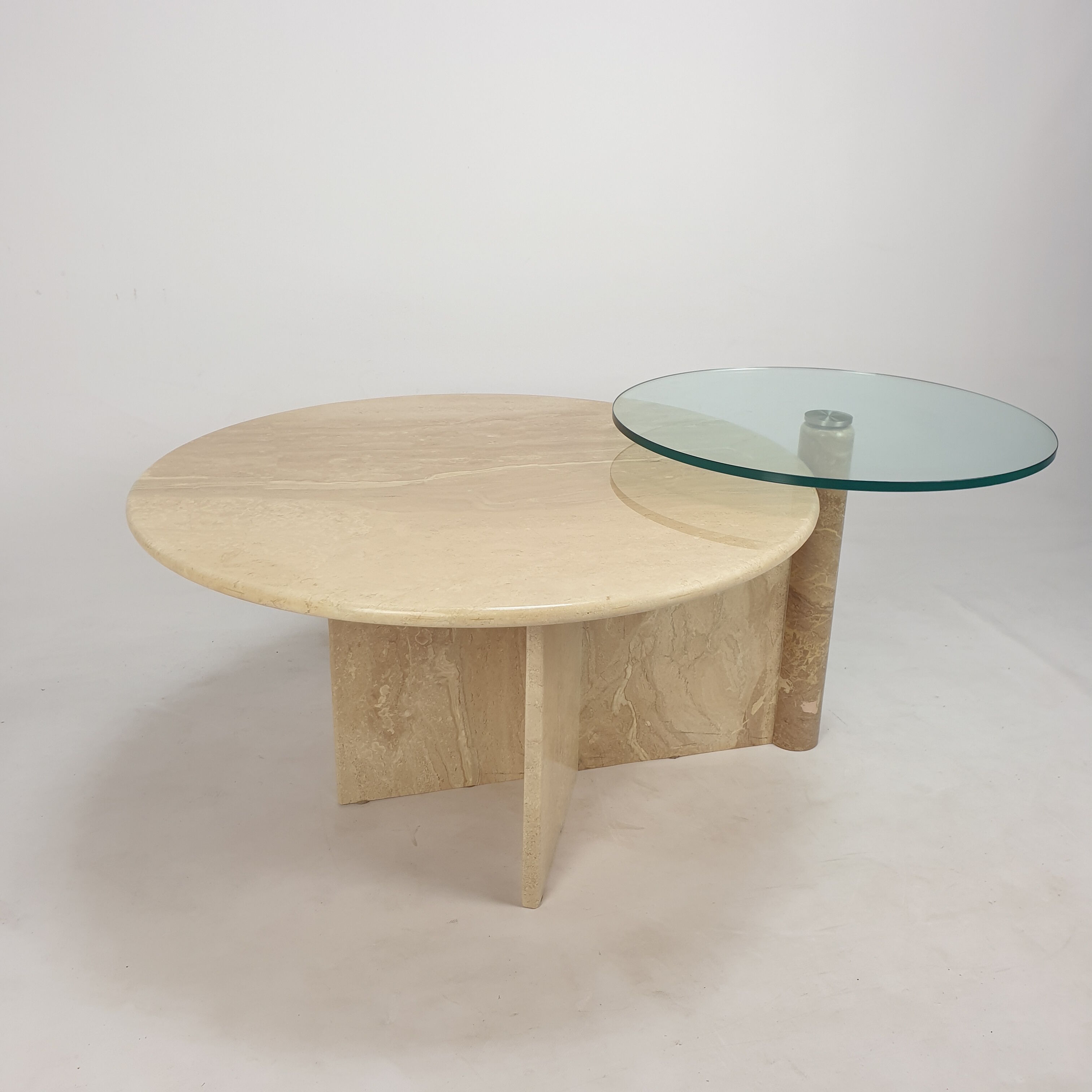 Italian travertine and glass coffee table, 1980