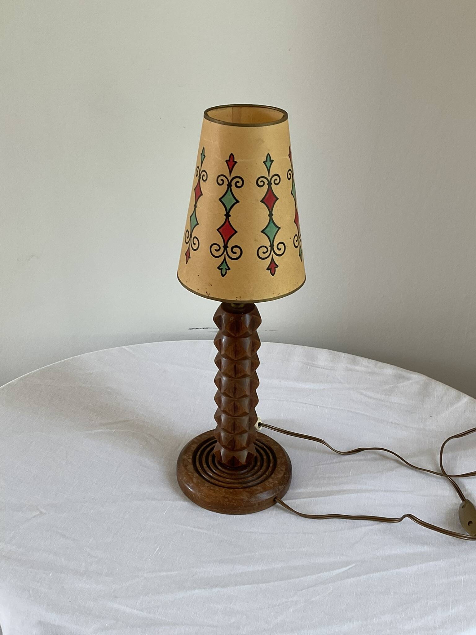 Vintage turned wooden lamp, in the style of Charles Dudouyt.