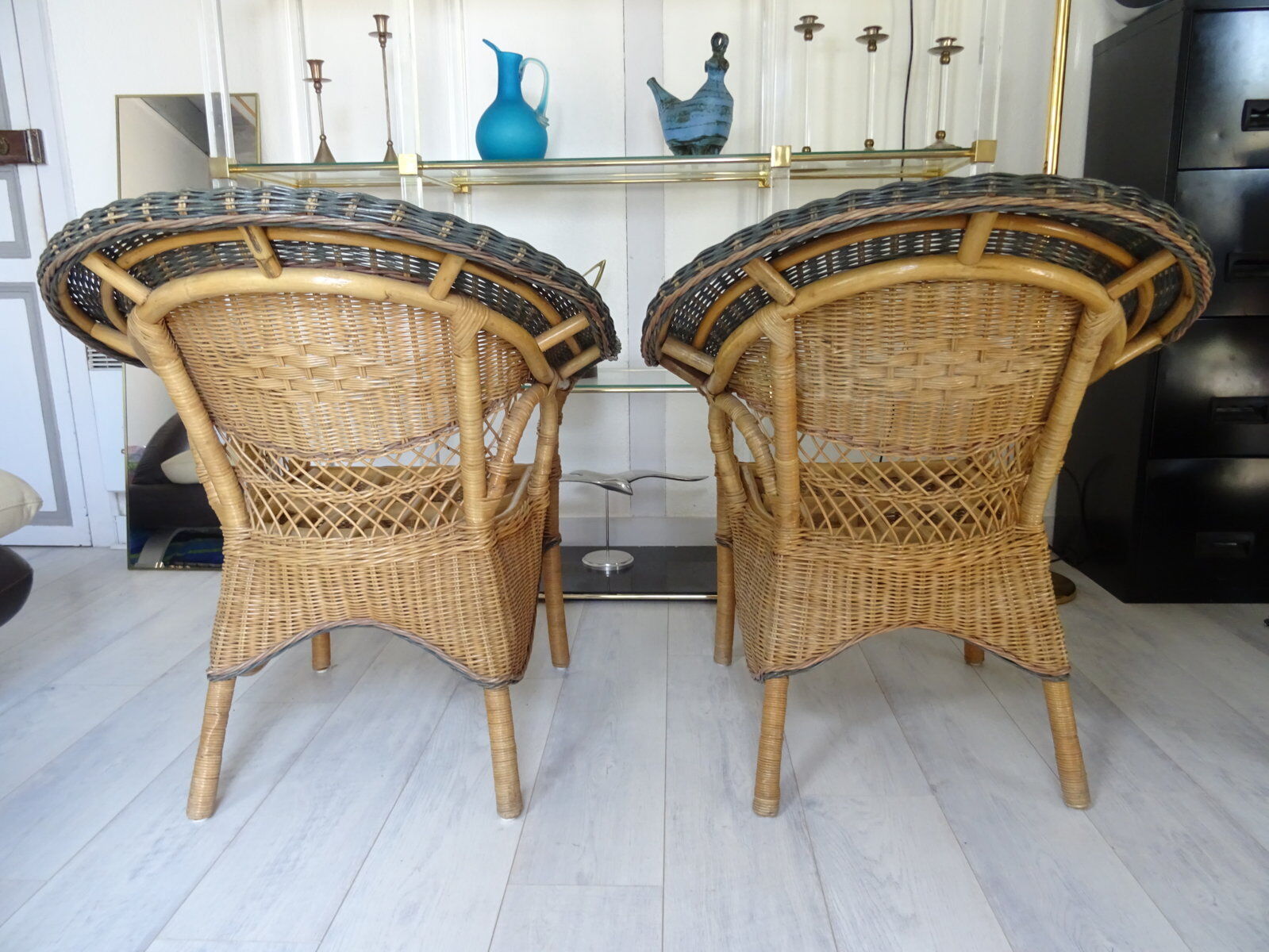 Vintage rattan lounge: one bench, two armchairs