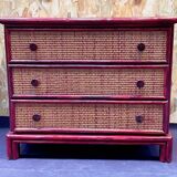Wood and rattan commode Maugrion vintage 1980s