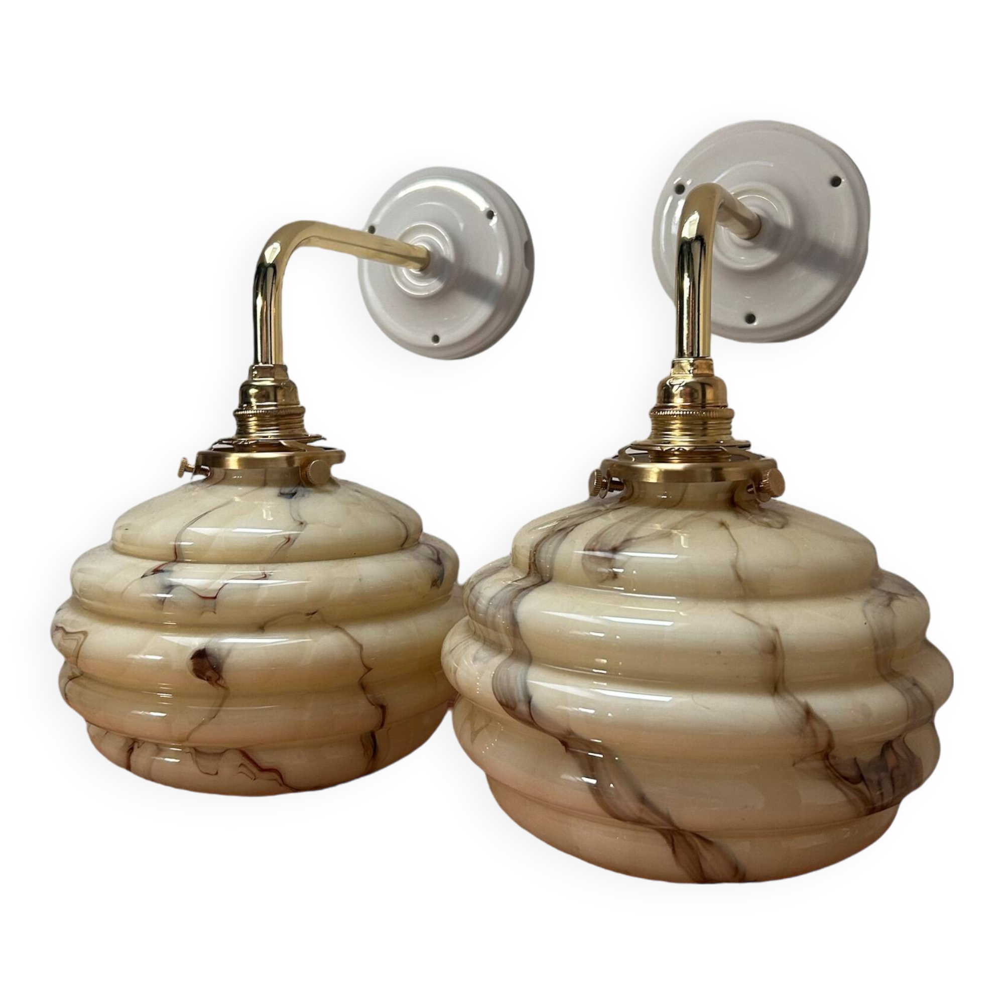 Pair of vintage marbled opaline globe wall lights