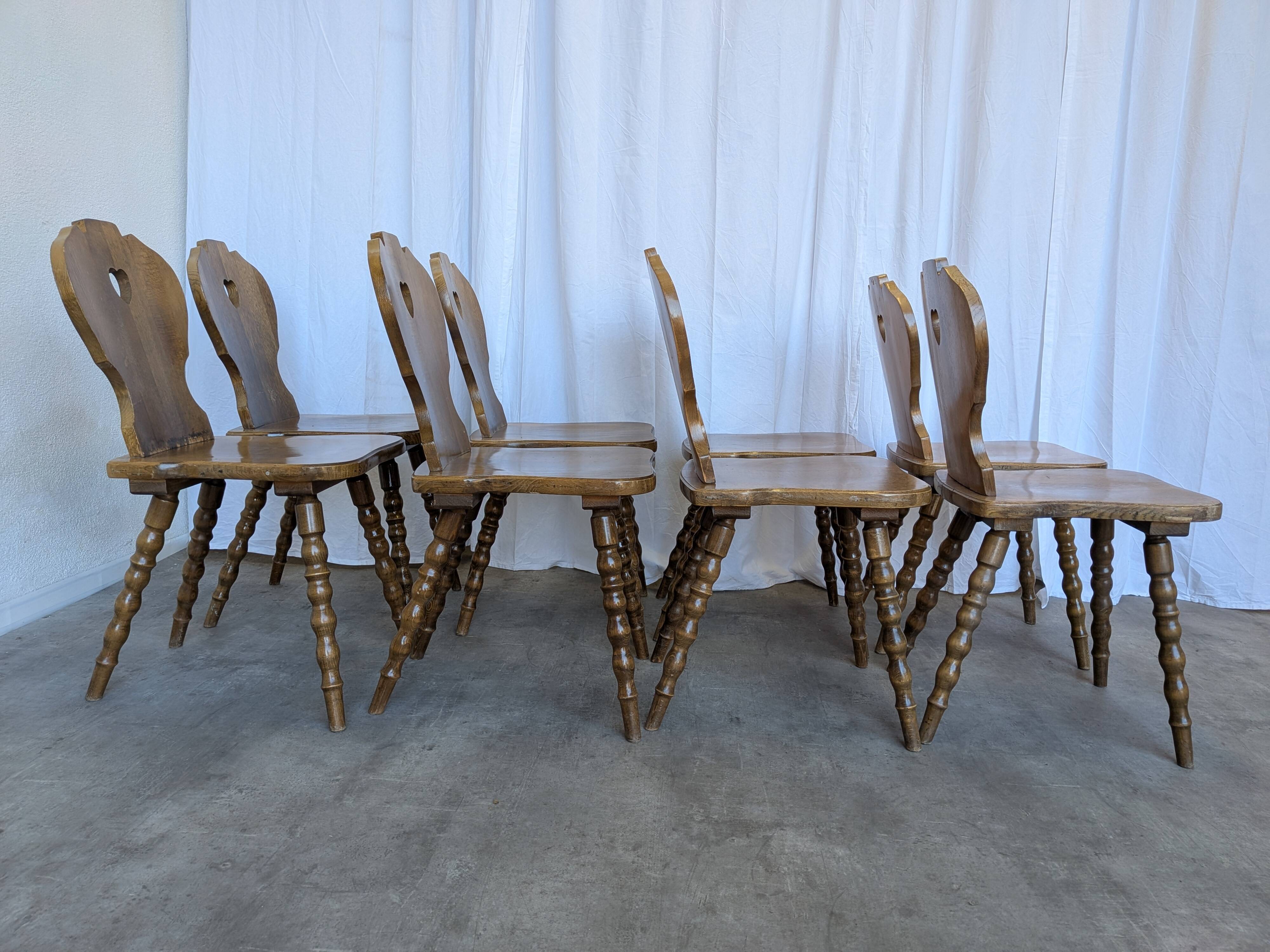 Set of 8 Vintage Tyrolean Heart Cutout Wooden Dining Chairs / Darker Brown
