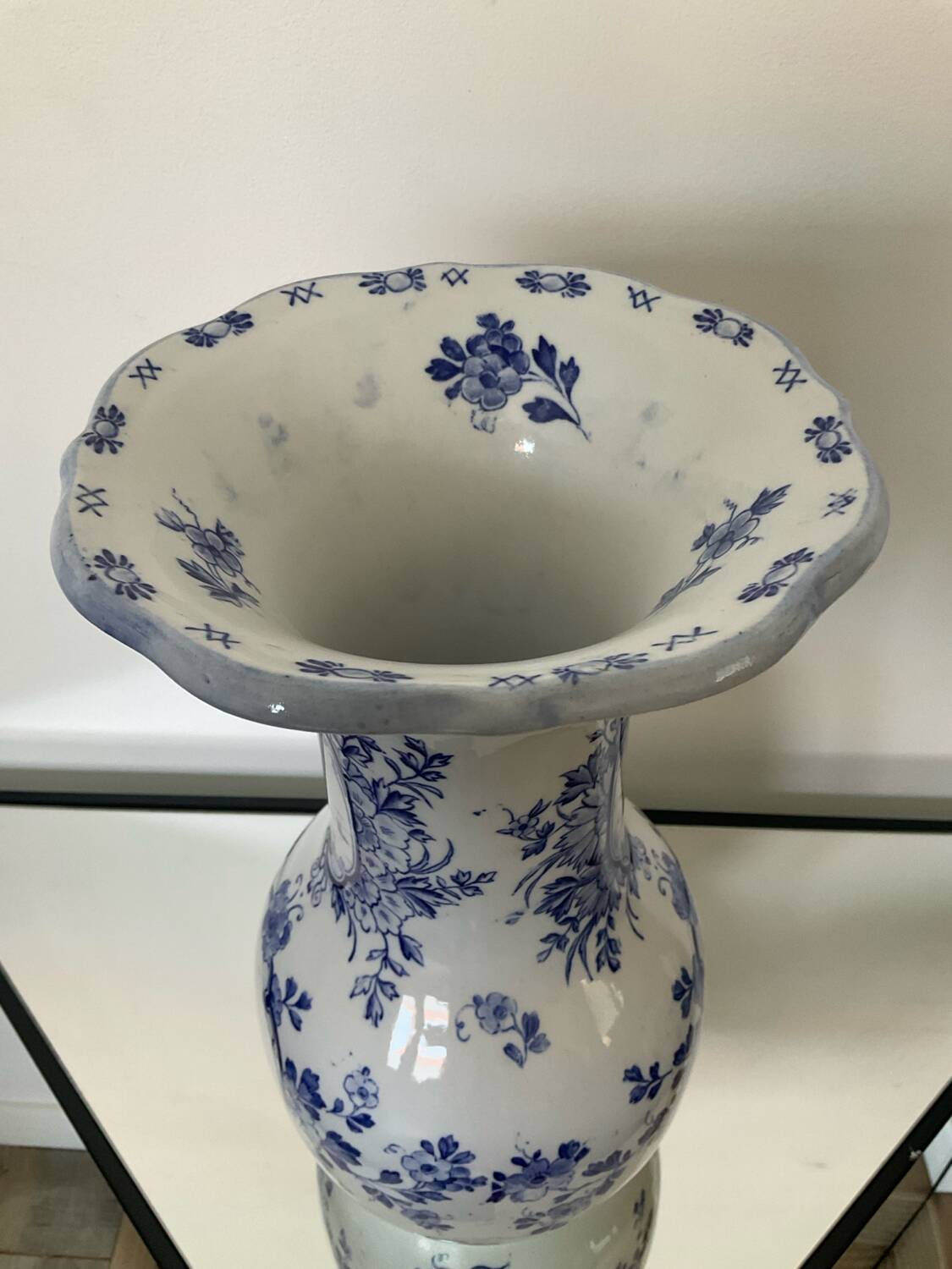 Large antique Delft blue and white porcelain vase signed