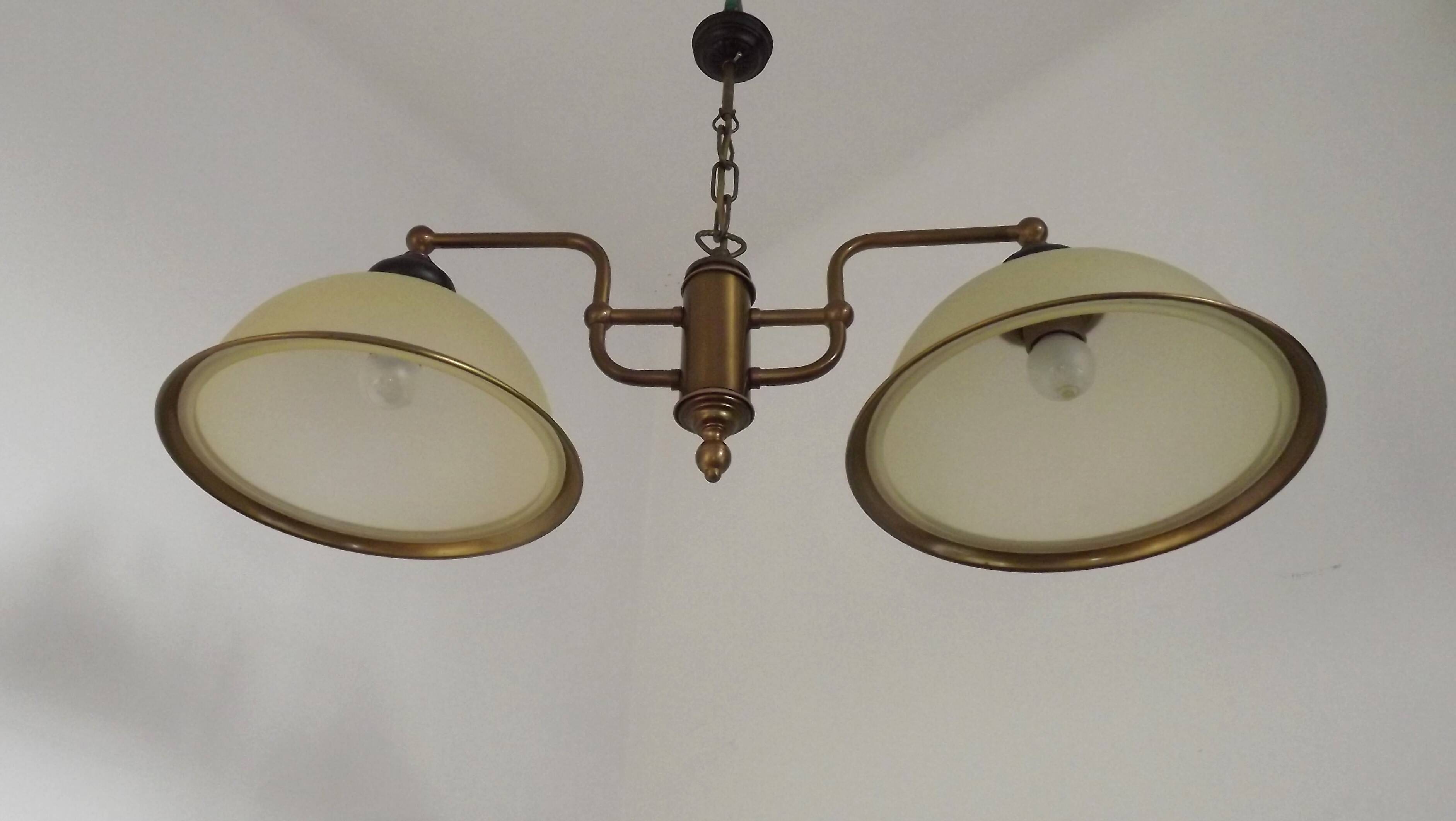 French Mid Century Bronze Effect Metal Double Billiard Light Glass Shades