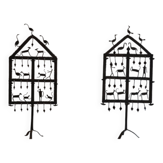 Pair of wrought iron candlesticks, with 9 lights, Chhattisgarh, Bastar, India, 20th century