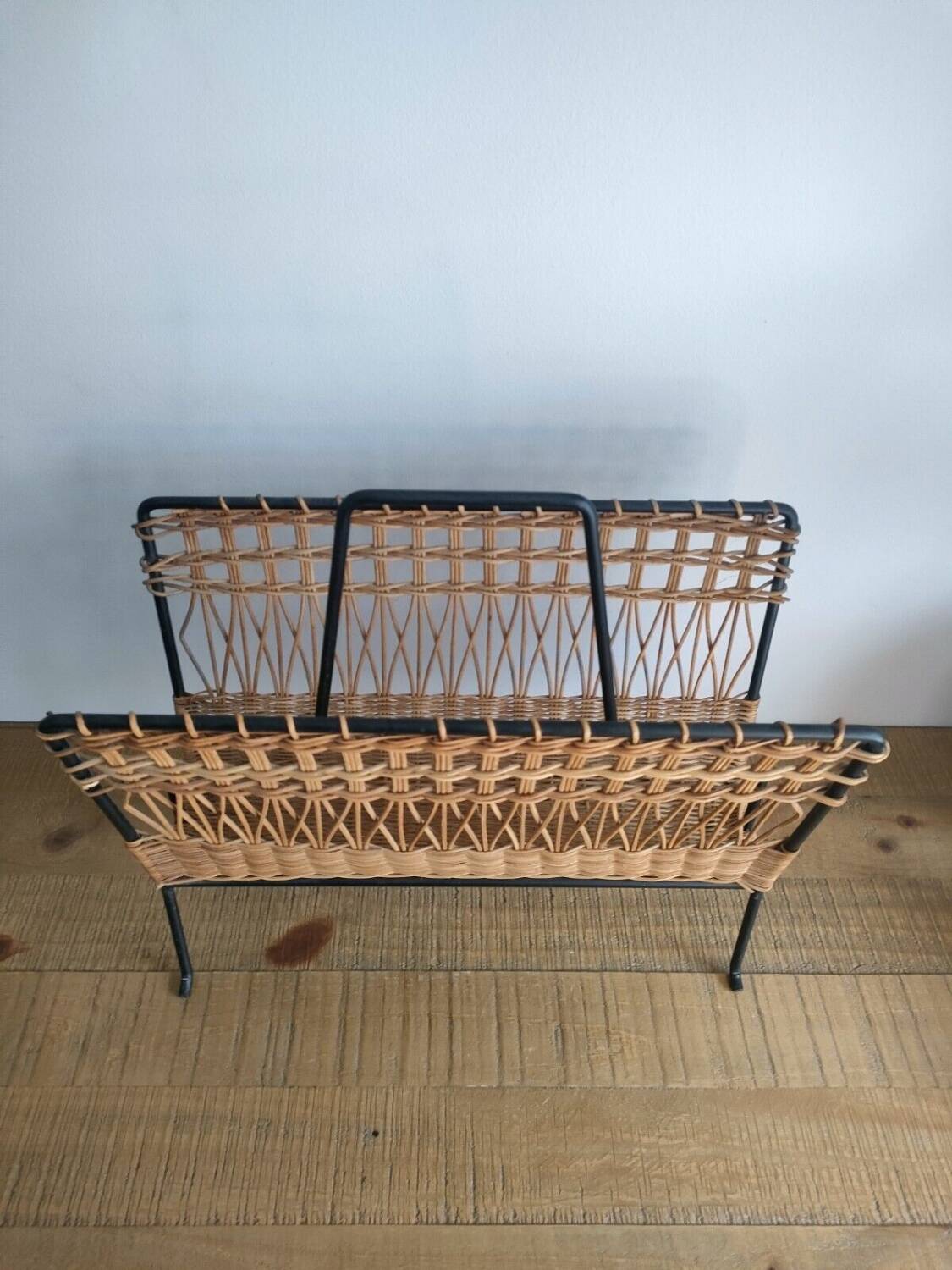 Iron and Rattan Magazine Rack - 1960s - Vintage