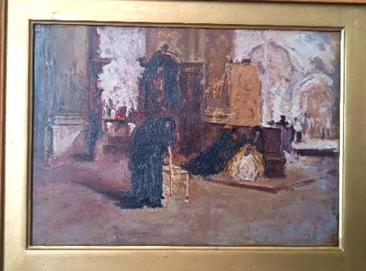 Oil on panel - early 20th century - interior of a church