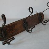 Old wall coat rack 3 metal hooks on wood deco retro entrance hall