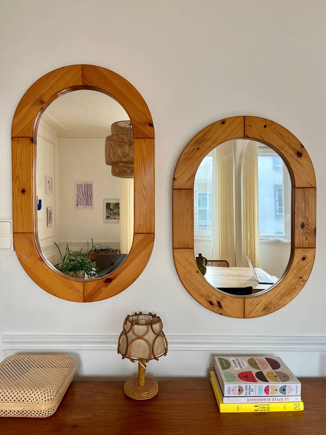 Oval mirror in solid pine vintage 70