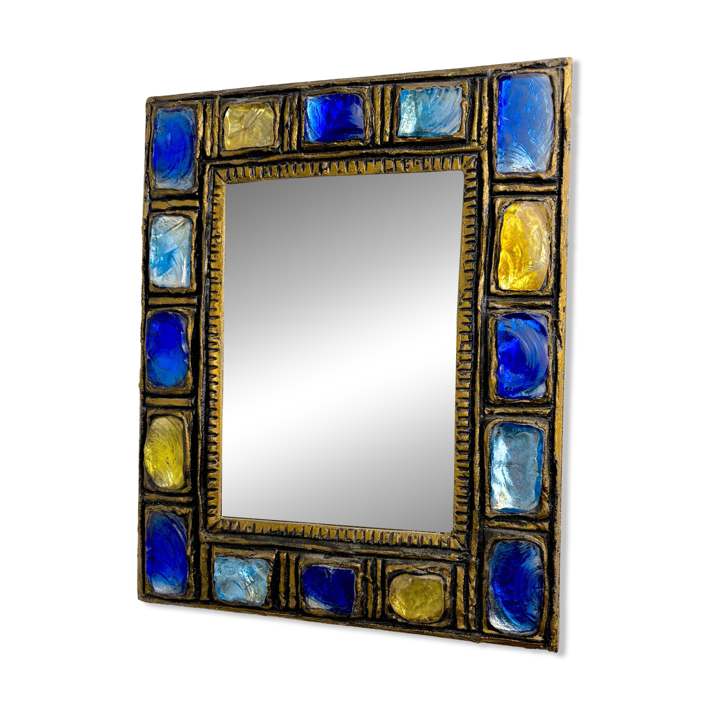 Italian mid-century mirror by Creaciones Gobesso, blue & yellow Murano rock crystals, circa 1960s