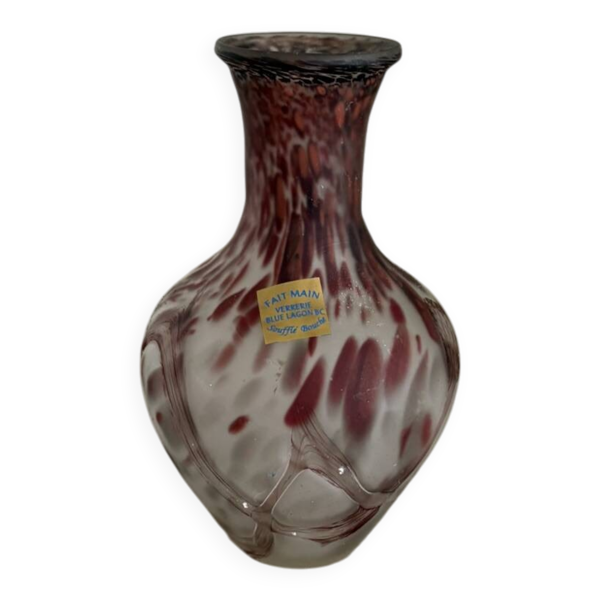 Ancien Vase Verre Soufflé Bouche Verrerie France ''Blue Lagon BC'' Bordeau