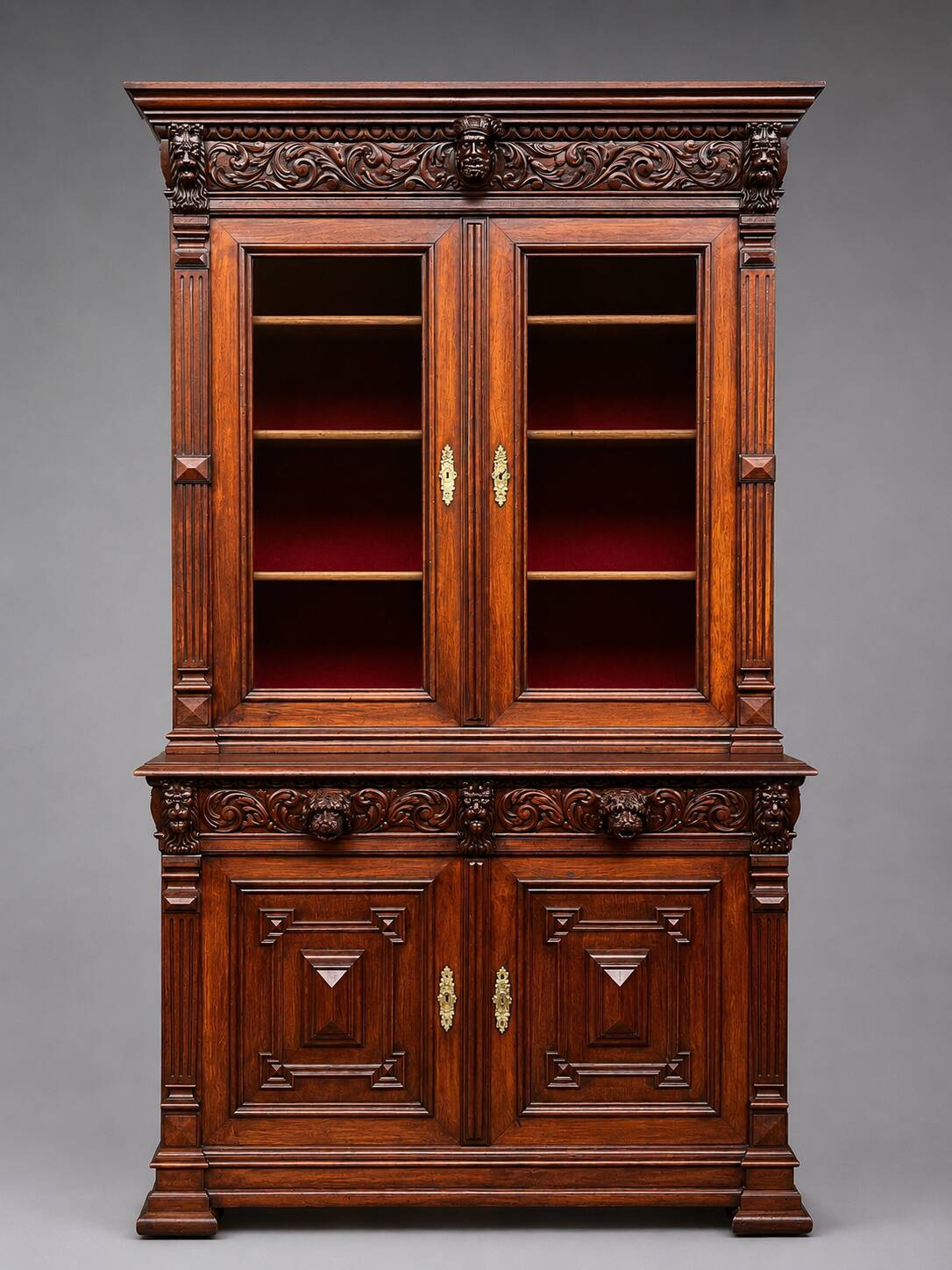 Library and buffet in antique Renaissance style. Beautiful sculptures. Solid oak. France. 19th century.