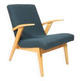 Fauteuil vintage scandinave bleu marin bouclé design moderne milieu siècle