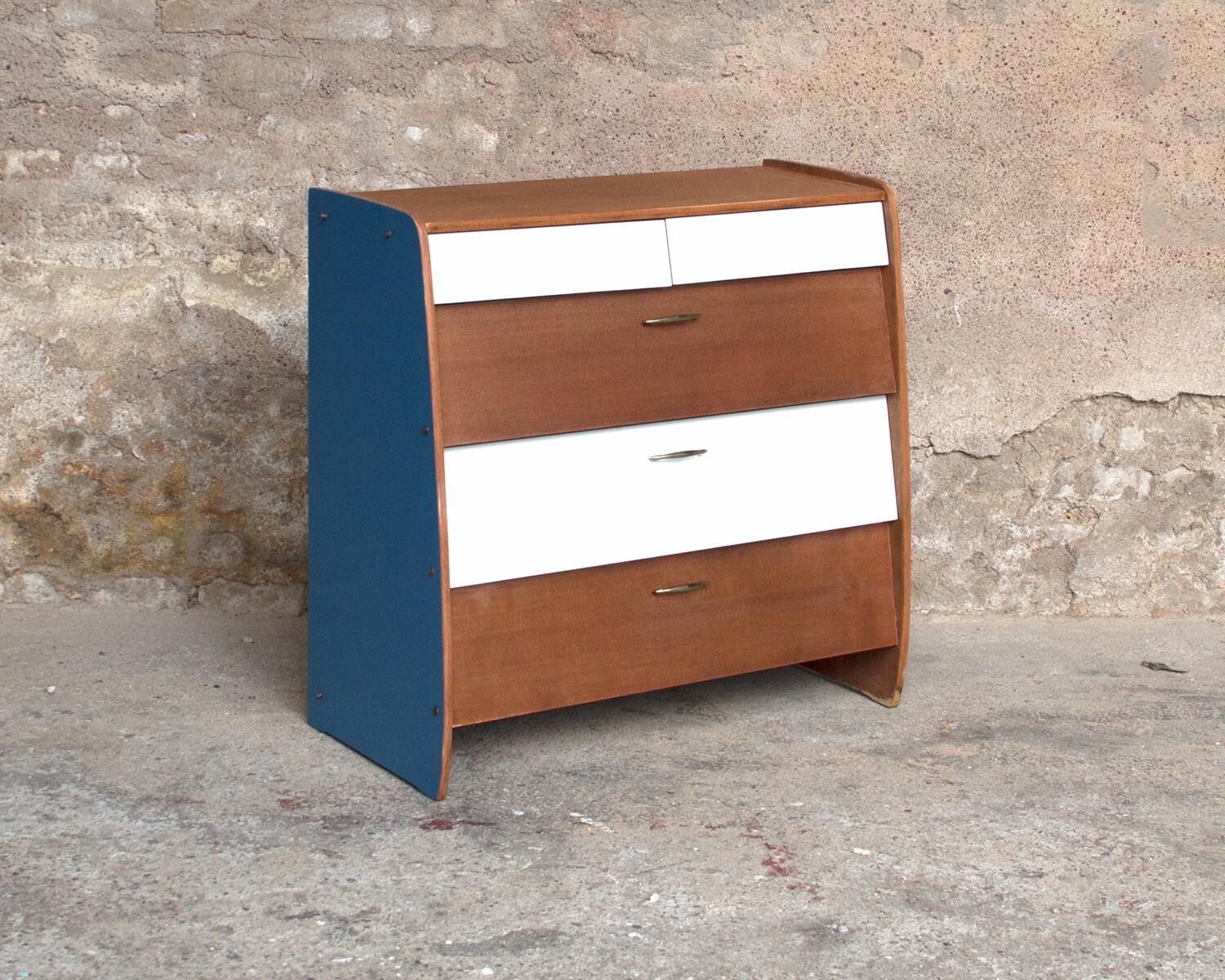 Furniture shoes, teak revamps white blue