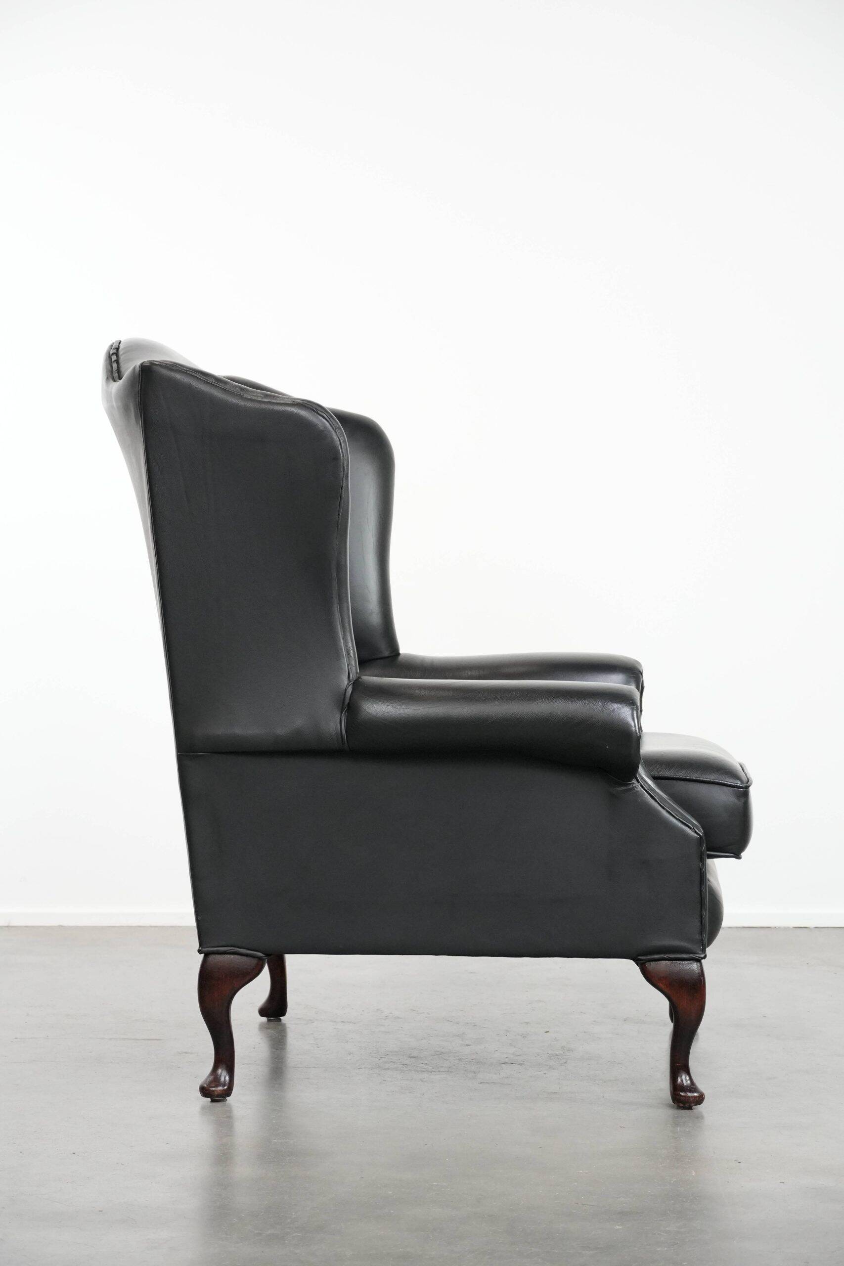 Black cowhide leather Chesterfield wingback chair in English style