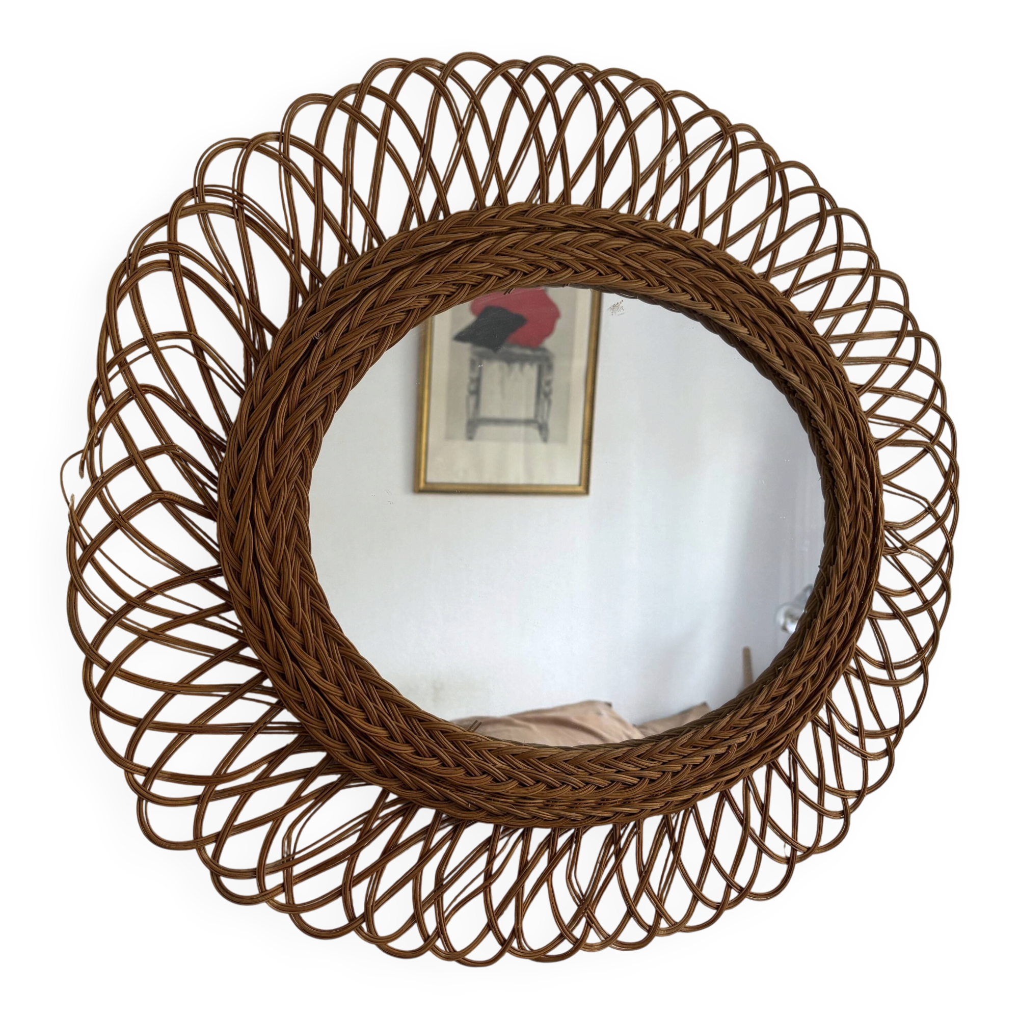 Vintage 1960 sun flower rattan wicker mirror - 68 x 58 cm