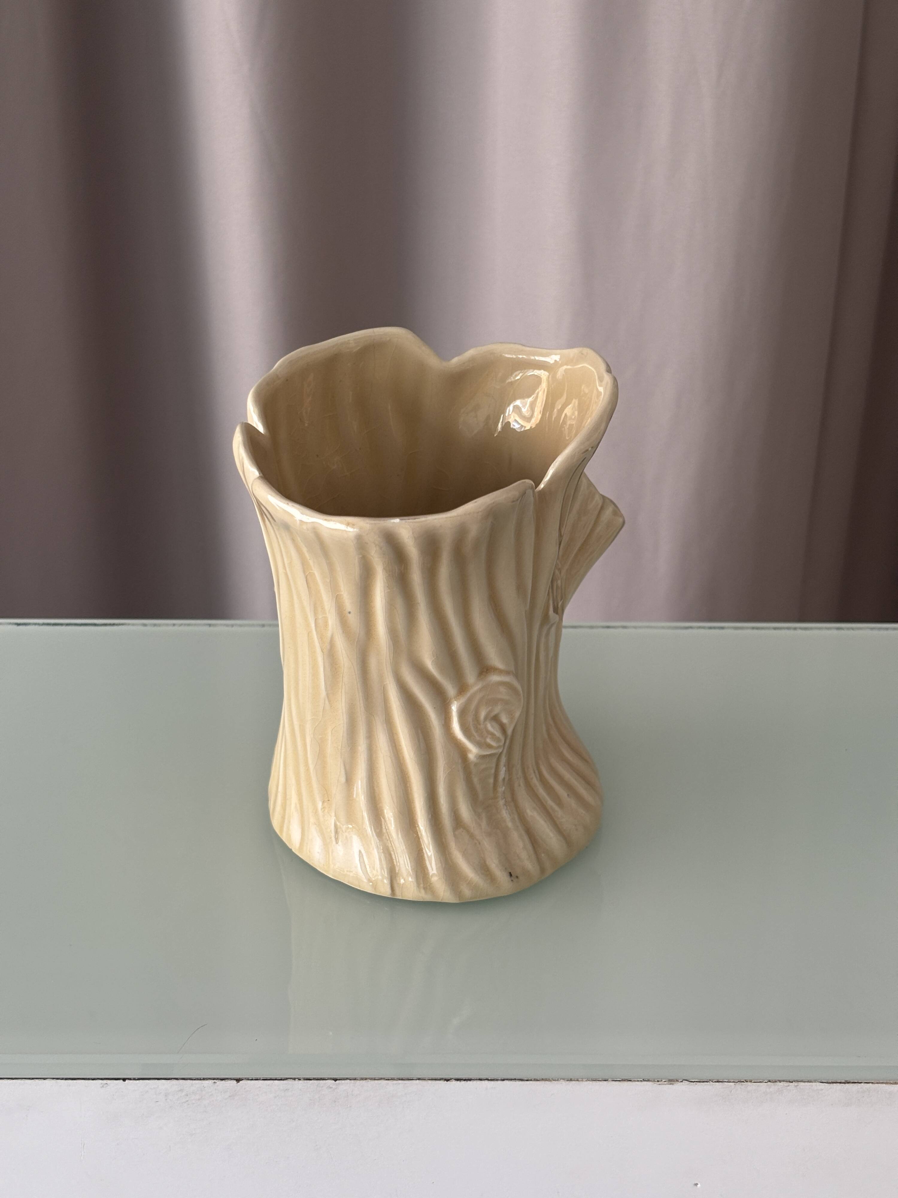Vintage Italian Ceramic Tree Stump Vase – Bark Texture – Made in Italy