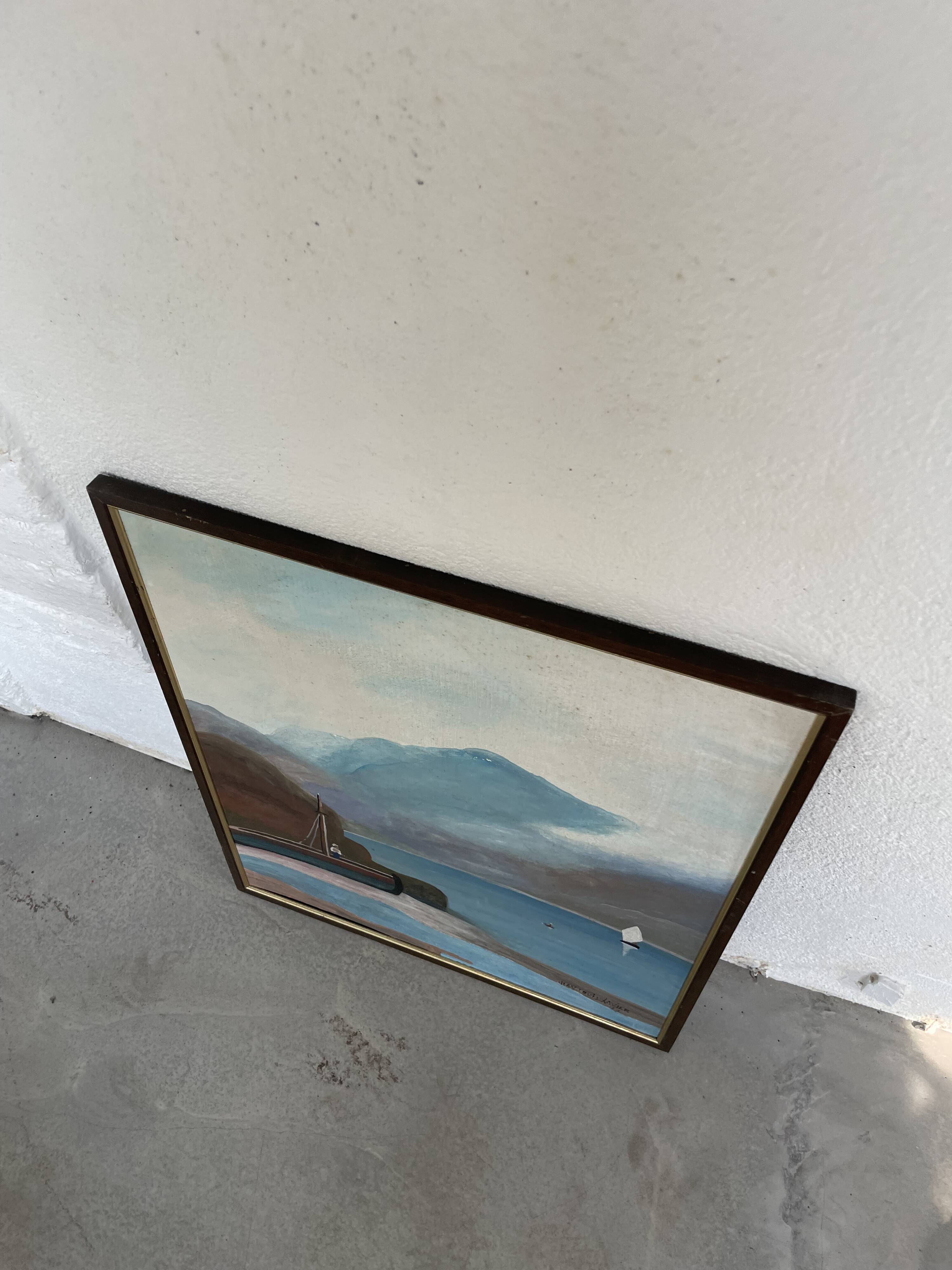 Oil painting on wood boats and lake 1977