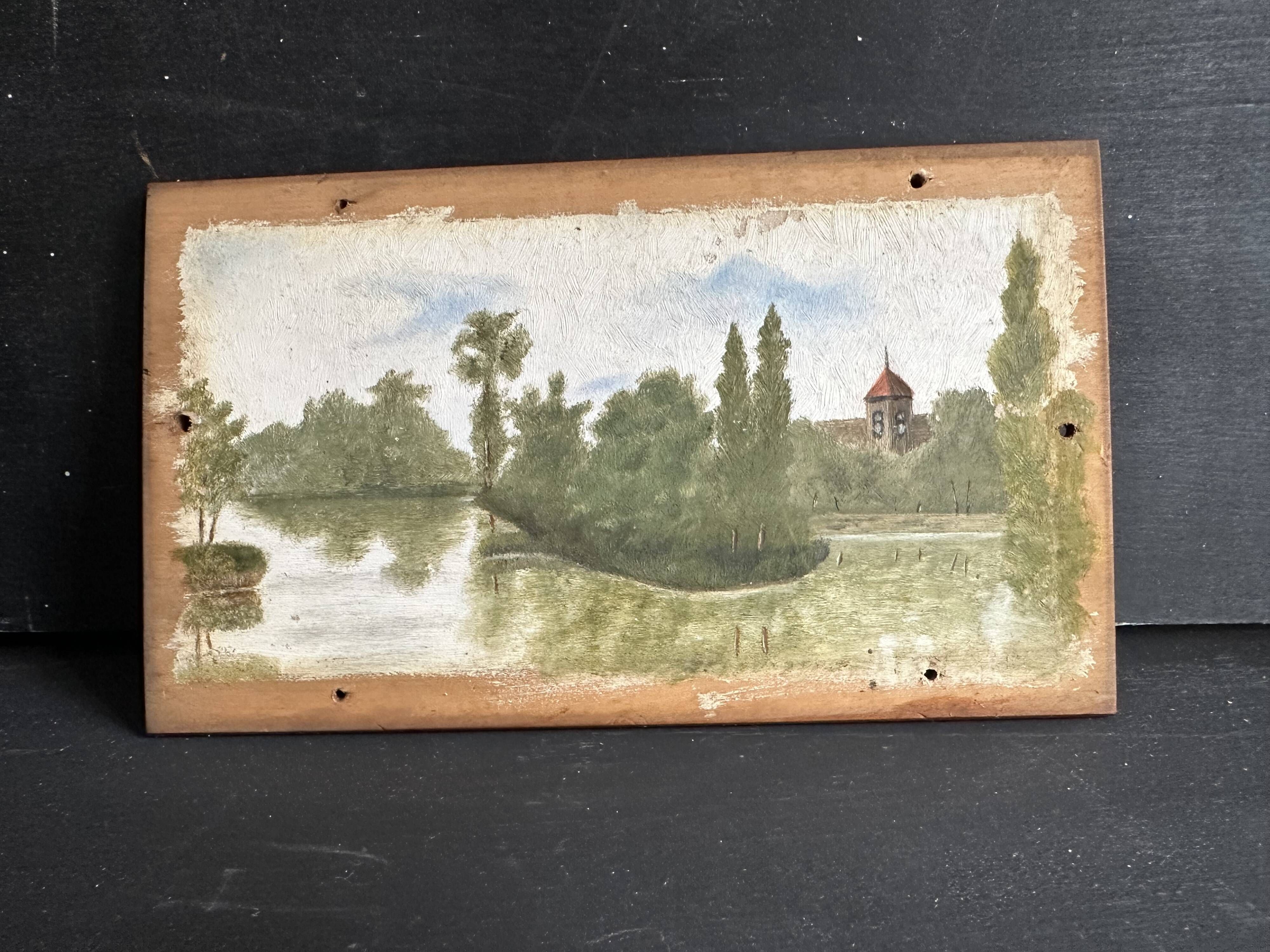 Antique miniature plateau, oil painting, turned wood and brass.