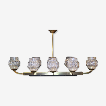1950s mid-century french oversize brass chandelier in brass with original glass shades