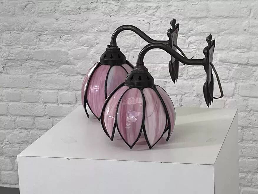 Pair of Tiffany style iron and glass leg wall lights