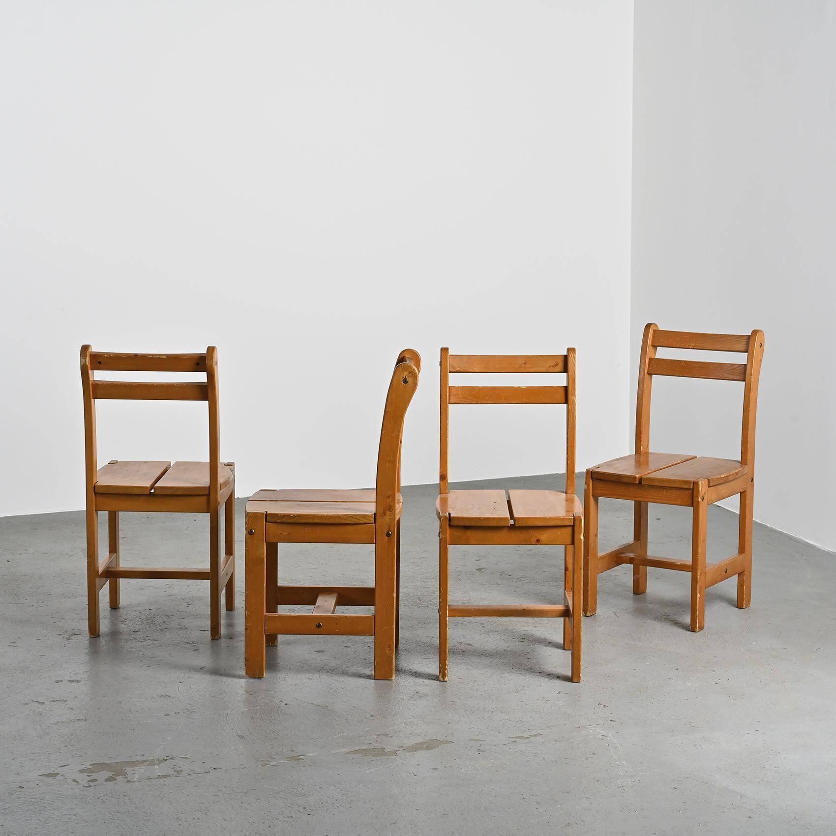 Set of 4 solid pine chairs, France circa 1970