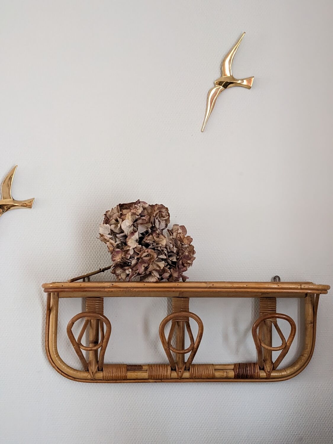 Shelf coat rack hooks vintage rattan