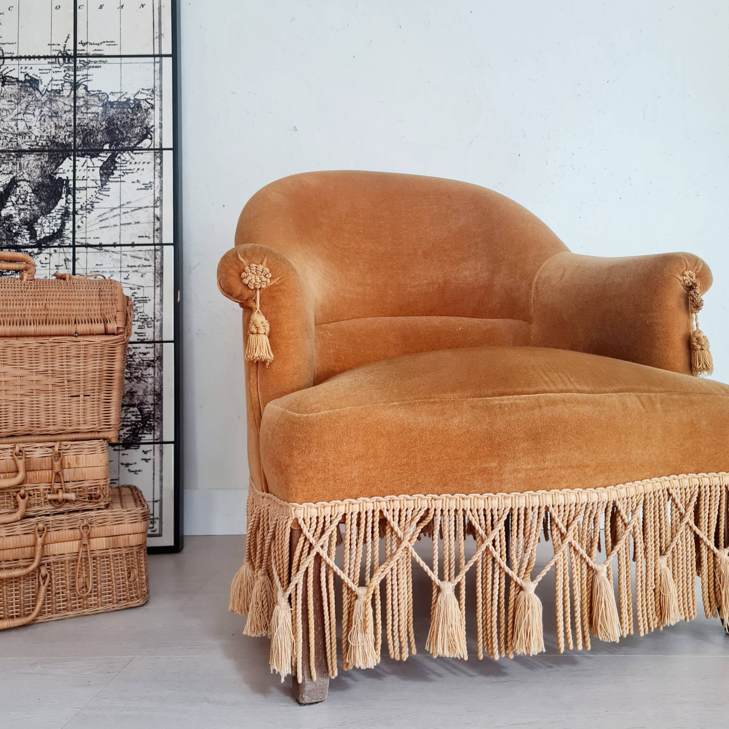 Golden yellow velvet toad armchair