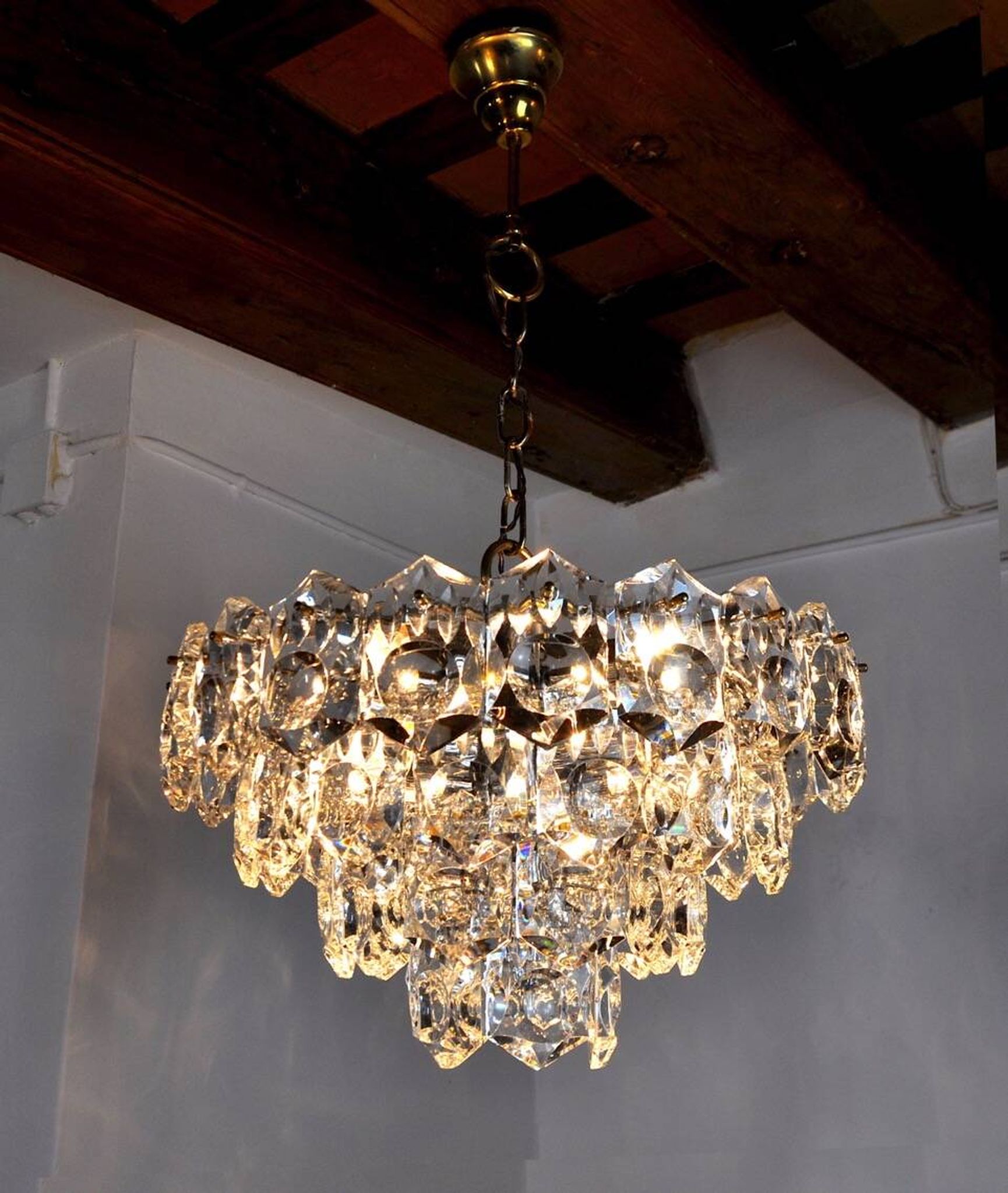 Kinkeldey golden chandelier, cut glass, 4 levels, Germany, 1970