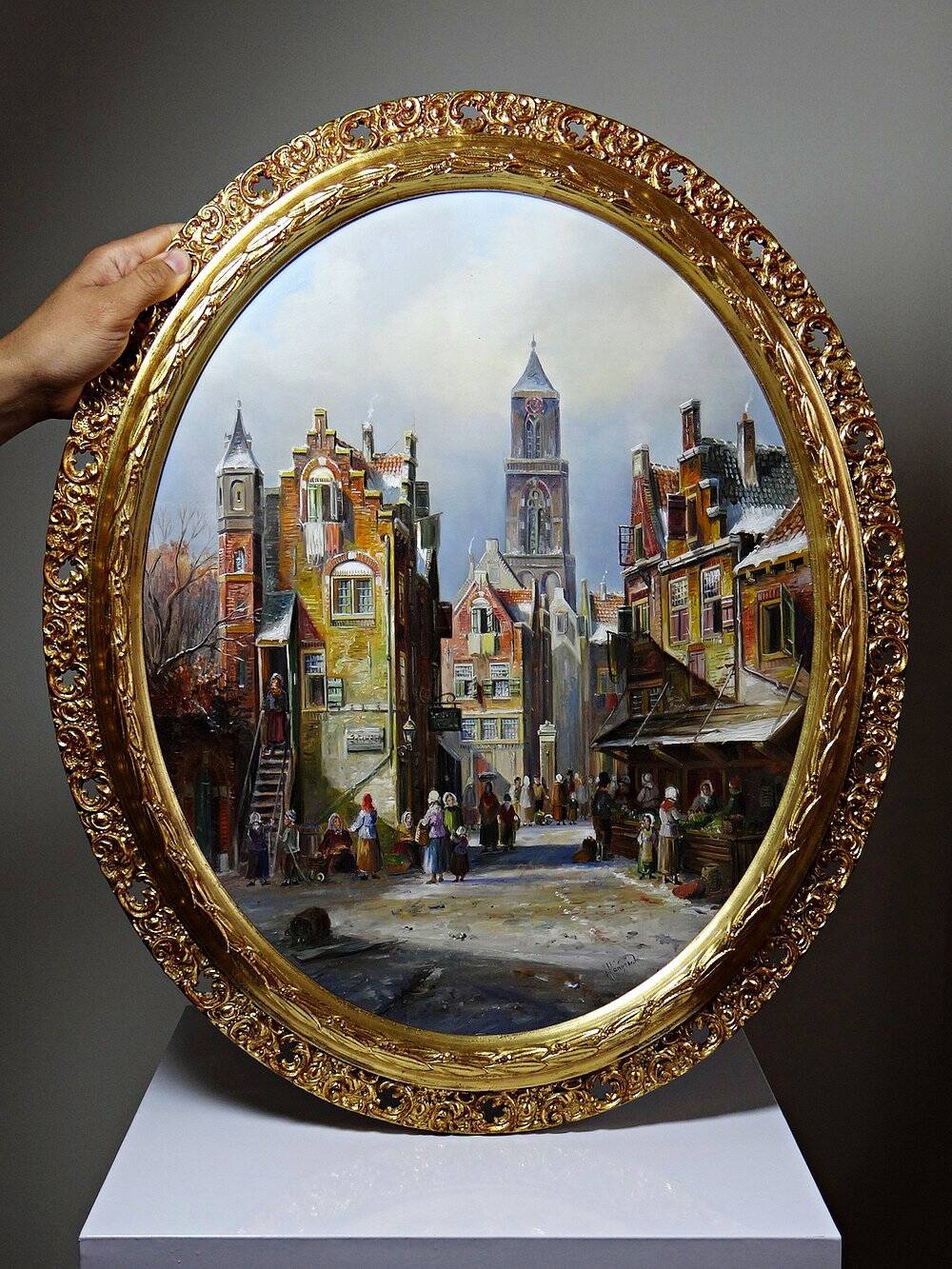 Large painting of an urban scene, oil on wood, framed, John Haanstra, vintage.