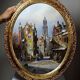 Large painting of an urban scene, oil on wood, framed, John Haanstra, vintage.