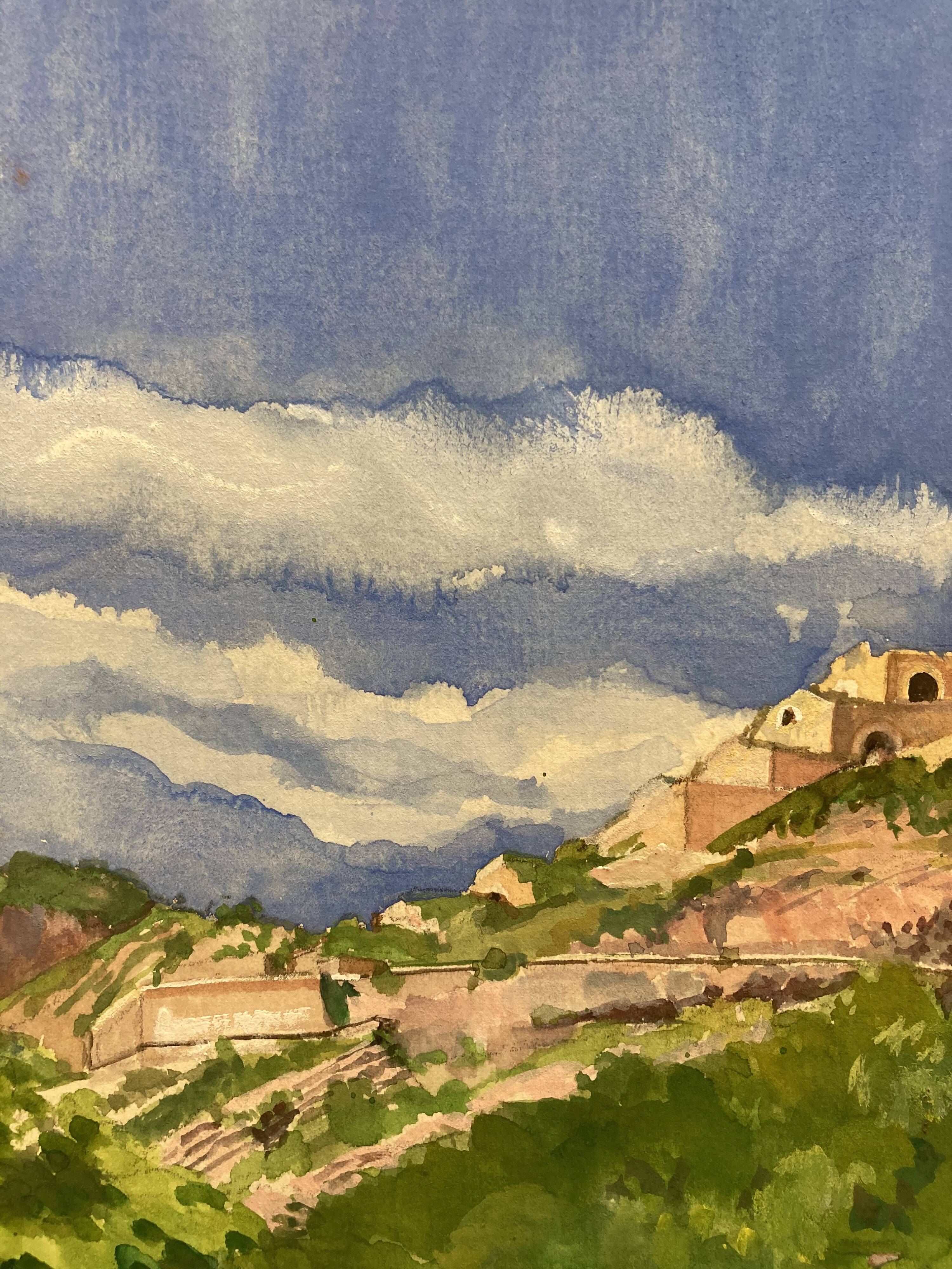 Watercolor Provencal landscape with fortified ramparts