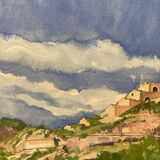 Watercolor Provencal landscape with fortified ramparts